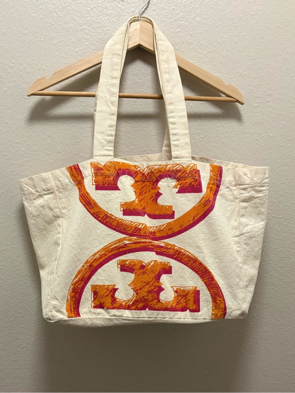 Tory Burch Canvas East West Orange Shopping Beach Tote Bag Double Sided Logo